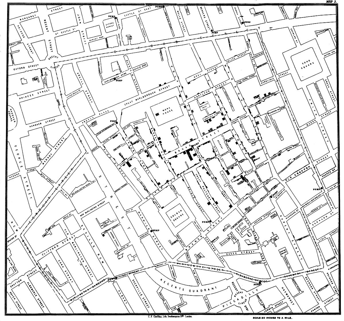 John Snow’s cholera map (Snow 1854).