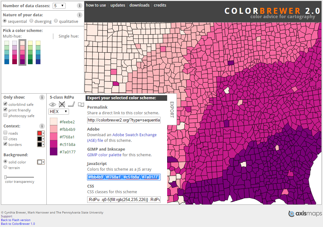 A colour-blind and print friendly colour scheme selected from Brewer and Harrower (2019).