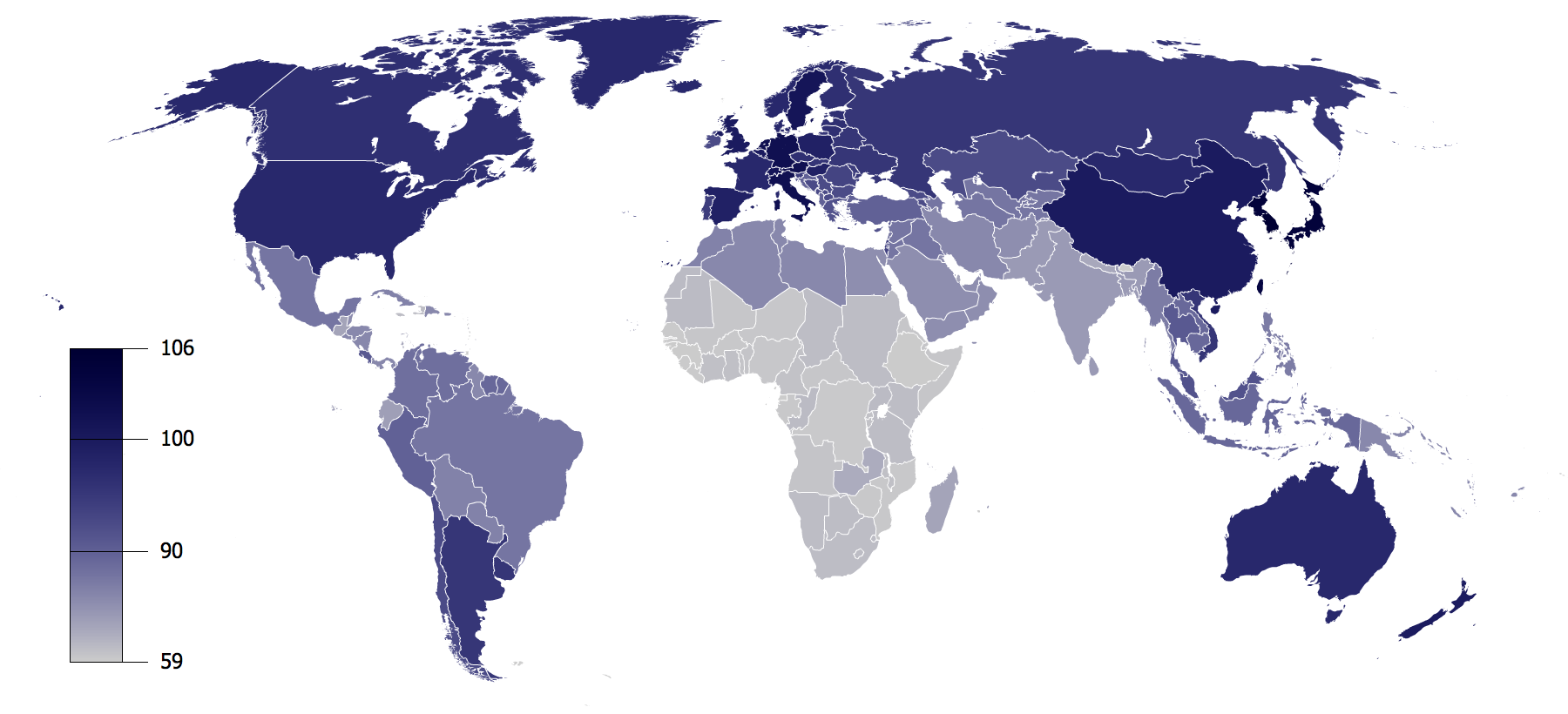 IQ by Country (Wikipedia 2009) based on data from Lynn and Vanhanen (2002).