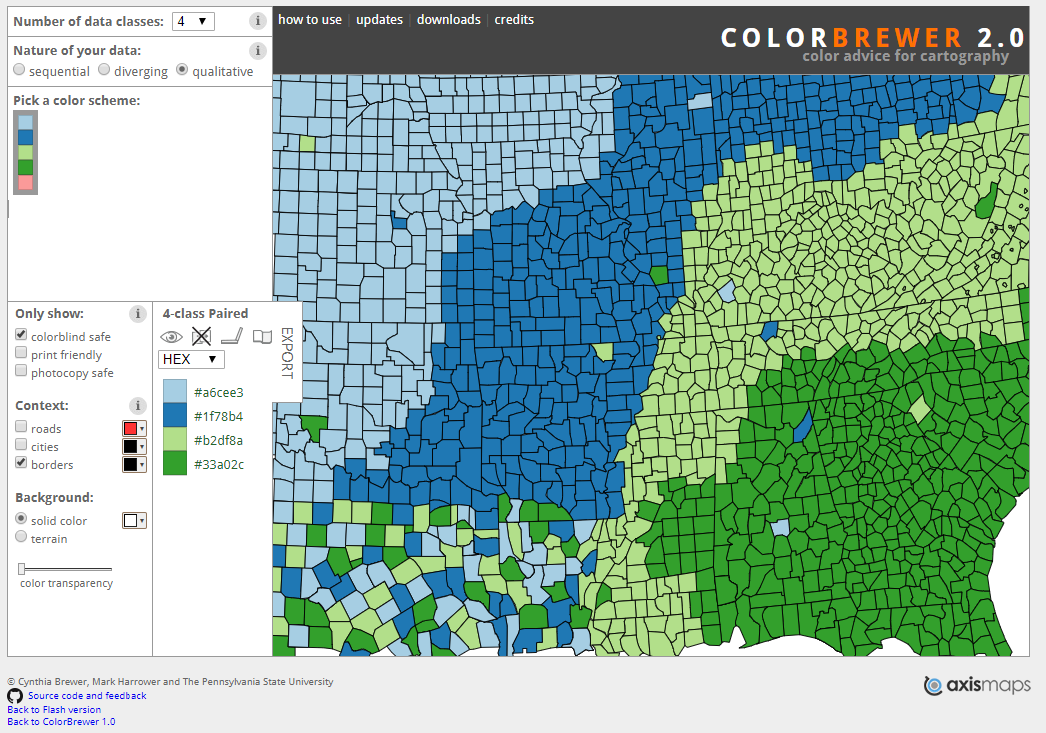 Few colour blind safe colour palettes are available (Brewer and Harrower 2019).