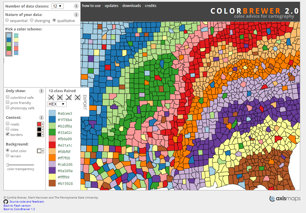 Too many colours… (Brewer and Harrower 2019).