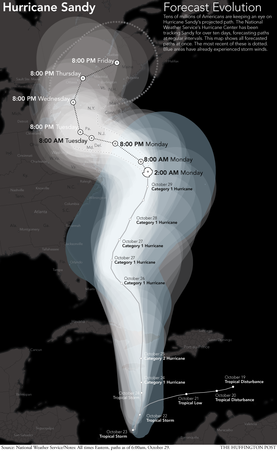 Hurricane Sandy’s project path (Huffington Post 2012).