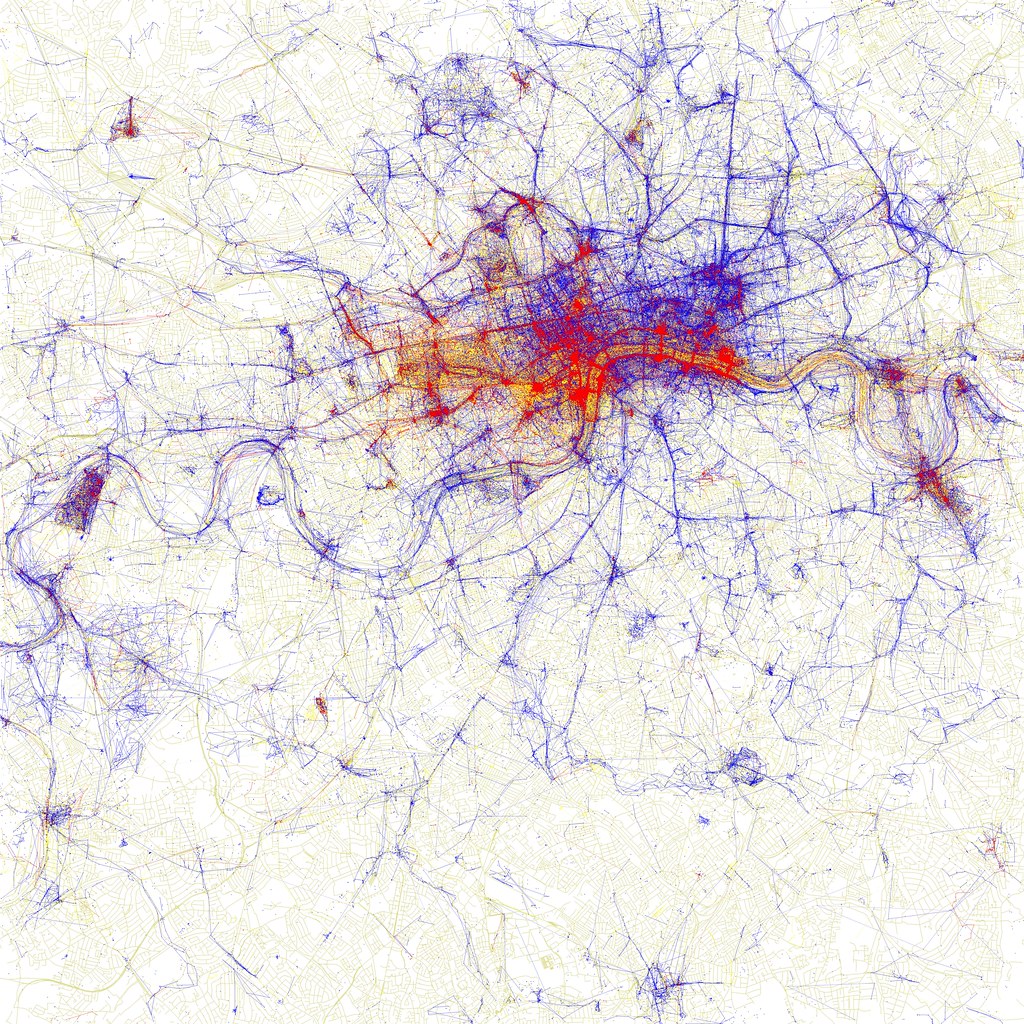 Dot density maps of pictures taken by locals (blue), tourists (red) and unknown (yellow) persons in London. (Fischer 2010).